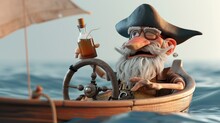 Cartoon Digital Avatars Of Salty Sailor On A Boat A Grizzled Old Sailor With A Peg Leg And An Eye Patch, Steering The Boat With One Hand While Holding A Bottle Of Rum In The Other.