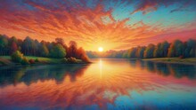 A Vibrant Sunrise Reflected In A Lake, Captured In Colorful Pencil Sketch