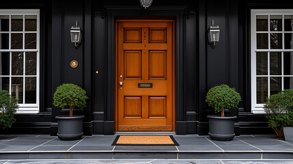 Wall Mural - Front Door - Main Entrance - Black building - Brown Door - Meticulous symmetry.  Perfectly centered.