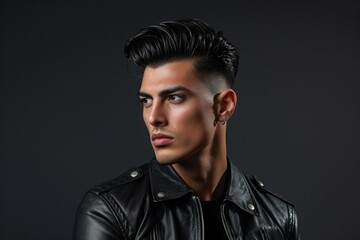 Stylish Young Man in Leather Jacket and Pompadour Hairstyle