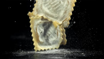 Poster - Italian ravioli falls on the table. Filmed on a high-speed camera at 1000 fps. High quality FullHD footage