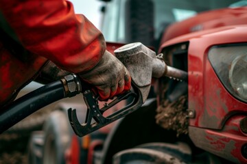 Sticker - Farmer's hand with a fuel gun at a gas station. Backdrop with selective focus and copy space