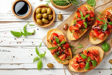 Sticker - Tasty bruschettas with balsamic vinegar toppings and olives on a wooden table