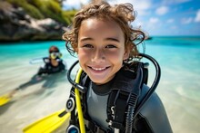 Child At Diving Lessons. Background With Selective Focus And Copy Space