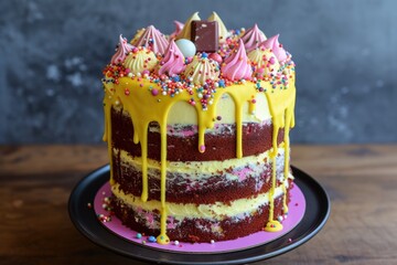 Poster - A Madeira sponge cake covered in yellow frosting layered with plum jam filled and adorned with multicolored chocolate nibs and various frostings a