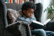 © Deivison - Child in a living room sitting in an armchair reading a book, concept of knowledge, learning and literacy.