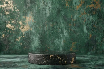 Wall Mural - green background with black stone podium display decorative stand for beauty products with copy spac
