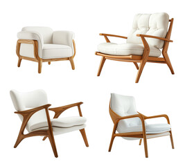 Wall Mural - A full-body, front, and close-up view of a minimalist-inspired armchair in white with wooden accents. Emphasize simplicity, clean lines, and a serene aesthetic.