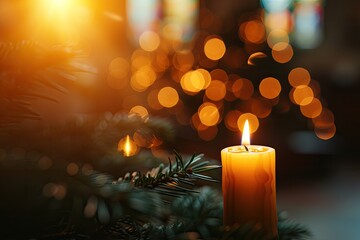 Blurry golden bokeh enhances the atmosphere during Christmas advent candle light in church evoking memories spirituality peacefulness and solemnity