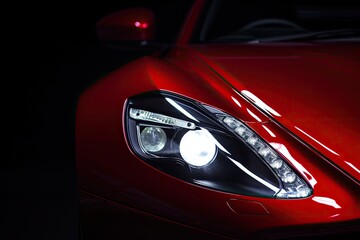 Red car headlight black background