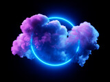 Fototapeta  - 3d rendering. Neon cloud with glowing ring, isolated on black background. Round frame. Fantastic wallpaper