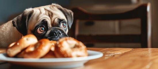 Canvas Print - A cute pug with expressive eyes eagerly looks at a plate of bagels on a table.