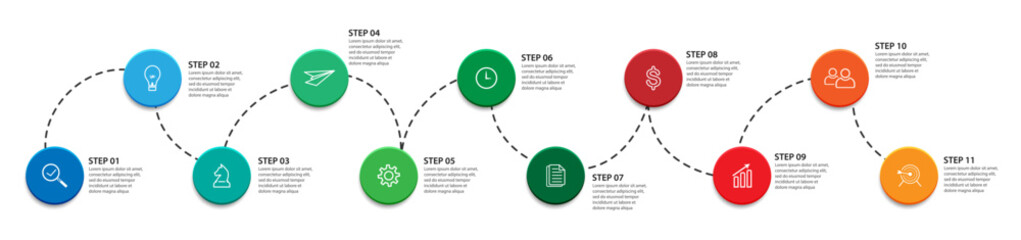 Aufkleber - infographic vector design 11 parts or steps, simple with dotted lines that connect each other, for business flow diagrams, presentations, advertising, banners