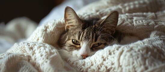 Poster - Cat resting on embroidered white blanket.