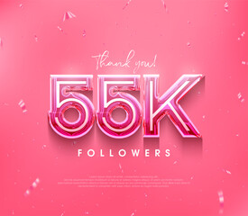55k followers design for a thank you. in a soft pink color. Premium vector background for achievement celebration design.