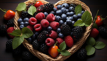 Wall Mural - Fresh, ripe berry fruit in a wicker basket, nature dessert generated by AI
