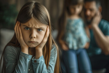 Canvas Print - Stressed and unhappy young girl huddle in corner, cover her ears blocking sound of her parent arguing in background. Domestic violence concept