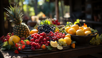 Wall Mural - Fresh, healthy fruit grape, pineapple, orange, strawberry, lemon, lime, raspberry, tomato, banana, melon generated by AI