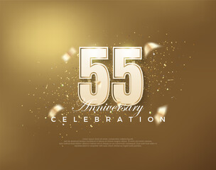 Wall Mural - Luxury gold 55th anniversary celebration with white numbers on gold background. Premium vector for poster, banner, celebration greeting.