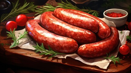 Wall Mural - Close up view of grilled sausage, with sauce and rosemary.