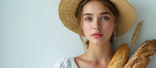 Wall Mural - Stunning young lady in a straw hat and holding a baguette posing by a white wall.