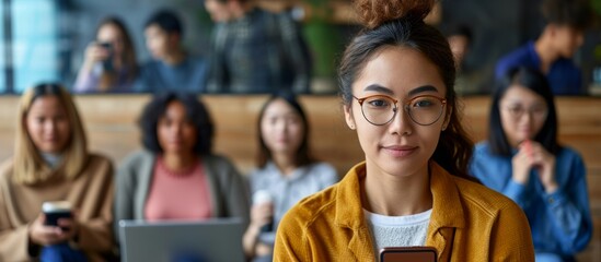 Canvas Print - A professional with glasses using a smartphone alongside a diverse team with take-out coffee next to a laptop.