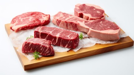 Wall Mural -  Fresh red marble beef slices raw, High quality angus ribeye arranged on a wooden cutting board