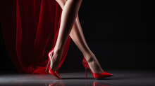 Legs Of A Woman Wearing Red High Heels And Silk Clothing, In Black Background. 