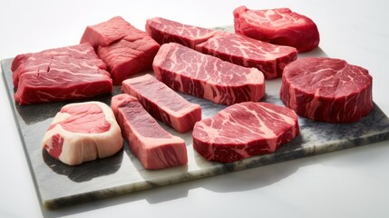 Wall Mural - Fresh red marble beef slices raw, High quality angus ribeye sirloin close up view.