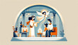 A depiction of Hestia blessing a family in their home, illustrated in a whimsical animated art style.