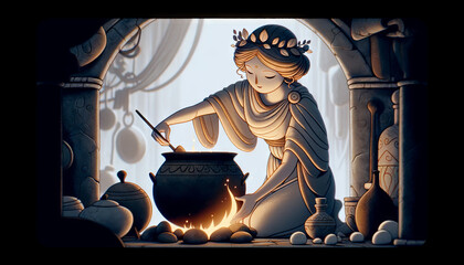 Wall Mural - A depiction of Hestia involving cooking or culinary arts, illustrated in a whimsical animated art style.