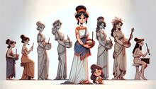 Hestia Depicted In Different Historical Art Styles, Illustrated In A Whimsical Animated Art Style.