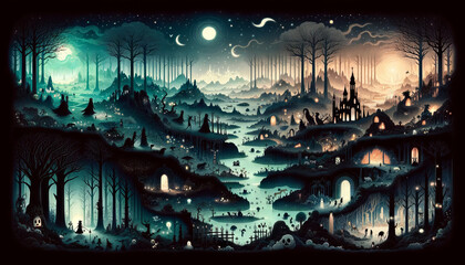 Wall Mural - A detailed, whimsical, animated art style depiction of the Underworld's landscape, in 16_9 ratio.