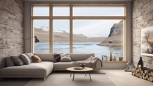 Living Room With Big Window And View On A Lake. View From The Window. Seamless Looping Overlay 4k Virtual Video Animation Background 