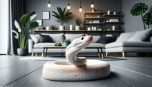 Albino corn snake in a modern, sleek, and minimalist apartment setting, with good focus, good lighting, and no noise, in a 16_9 ratio.
