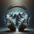 A pair of headphones with waves of sound transforming into a mountain range.