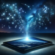 A tablet casting a night sky with shooting stars and constellations above it.
