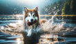 A photorealistic image of an Alaskan Shepherd dog swimming or playing in a lake or river, in a 16_9 aspect ratio.