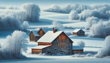 Rustic Barns In A Snowy Field, With The Main Part Of The Image Being A Plain Color Suitable For A Background.