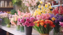 Many Different Colors On The Stand Or Wooden Table In The Flower Shop. Showcase. Background Of Mix Of Flowers. Beautiful Flowers For Catalog Or Online Store. Floral Shop And Delivery Concept.