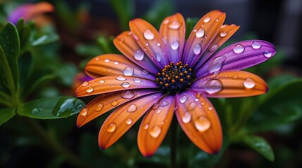 Wall Mural - Magic little African daisy in a garden after the rain: purple, orange and green, and many rain drops