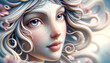 A close-up of Aphrodite's face with detailed, ethereal beauty, in a whimsical, animated art style.
