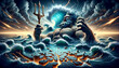 A powerful and detailed whimsical animated art style image depicting Poseidon's rage, causing earthquakes and tsunamis.