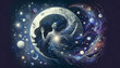 A whimsical, animated art style depiction of Artemis in a surreal artwork merging with the moon and stars.