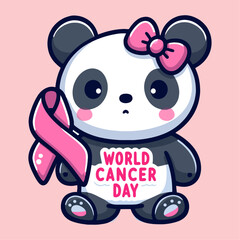  World Cancer Day. Cute cartoon female panda with ribbon. Vector illustration.