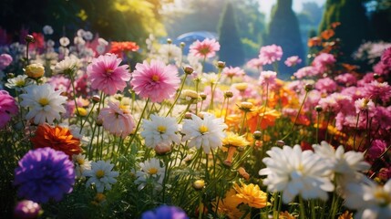 Poster - This is a photograph of a beautiful flower garden. The garden is filled with various types and colors of flowers that are in full bloom. Some of the flowers are pink, yellow, purple.