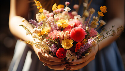 Poster - Women holding a bouquet of fresh flowers, celebrating love and romance generated by AI