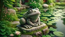 A Whimsical, Animated Art Style Image In A 16_9 Ratio, Featuring A Close-up Of A Stone Frog Statue By A Pond, Symbolizing Luck.