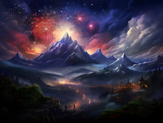 Fireworks Symphony Over a Mountain Range