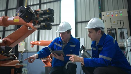 Wall Mural - Engineer and technician working with robot arm in factory. Industry and engineering concept.